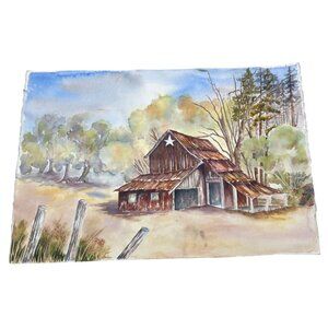 Watercolor Artwork Of Rustic Barn & Trees Farm landscape brown On Textured Paper